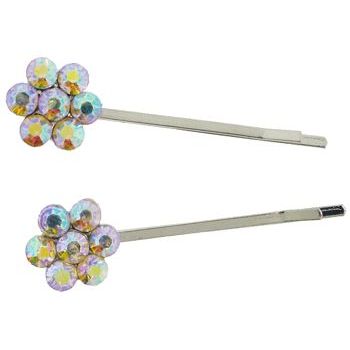 Karen Marie - Crystal Flower Bobby Pins - White Diamond AB - Silver (Set of 2)